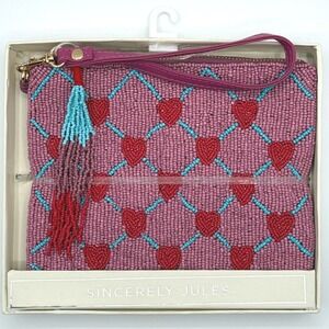 Viral India Beaded Wristlet Valentine Pink Hearts Blue Lattice Tassel Clutch NEW